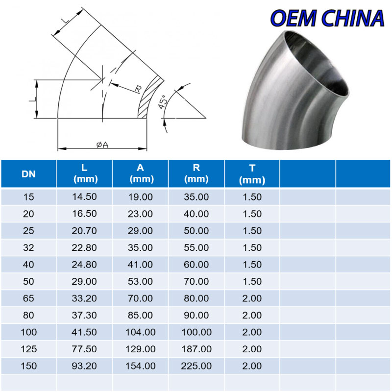 Elbow 45° Weld Ends ; DIN11852-2 ; SS316/316L ; OEM-China