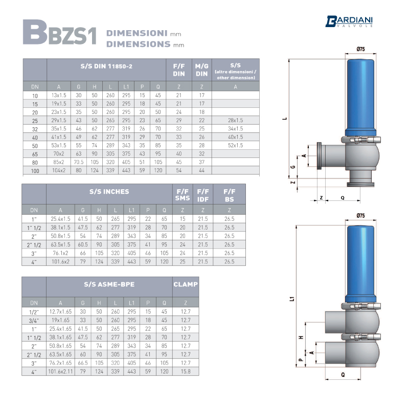 Hygienic Safety Valves ; Pressure Relief Valve-Clamp Ends ; SMS ; SS316/316L/EPDM ; Bardiani