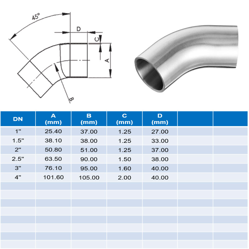 Elbow 45° Weld Ends ; SMS ; SS316/316L ; Sodime