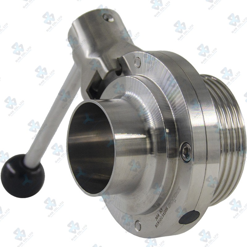 Van bướm vi sinh Đóng mở tay ; Tay K5 2 vị trí ; Inox 304/EPDM ; DIN11851-1 ; DN40 (OD40mm) ; Nối hàn-rắc co ; Sodime