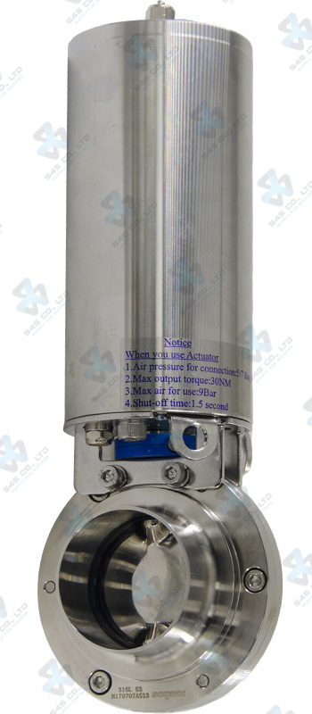 Van bướm vi sinh Đóng mở khí nén ; K3 lò xo tự hồi thường đóng/ thường mở ; Inox 316L/VITON ; SMS ; 1.5Inch (OD38mm) ; Nối hàn ; Sodime