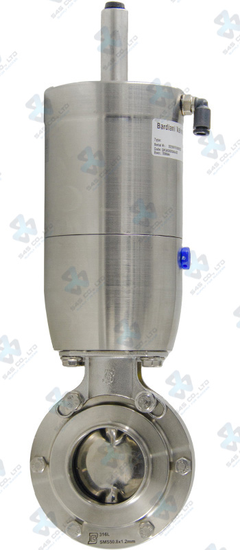 Van bướm vi sinh Đóng mở khí nén ; ZVF ; Mach98 lò xo tự hồi NC/NO ; Inox 316L/FKM/VITON ; SMS ; 4Inch (OD101.6mm) ; Nối hàn ; Bardiani