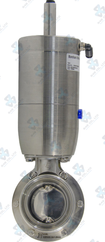 Van bướm vi sinh Đóng mở khí nén ; ZVF ; Mach98 lò xo tự hồi NC/NO ; Inox 316L/EPDM ; SMS ; 4Inch (OD101.6mm) ; Nối rắc co ; Bardiani