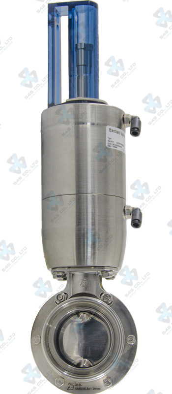 Van bướm vi sinh Đóng mở khí nén ; ZVF ; Mach156 tác động kép ; Inox 316L/FKM/VITON ; DIN11851-2 ; DN150 (OD154mm) ; Nối rắc co ; Bardiani
Bao gồm Gá gắn cảm biến